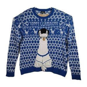 Carbon Happy Llamakah Sweater Men's XL Blue Nordic Hanukkah Llama Pullover